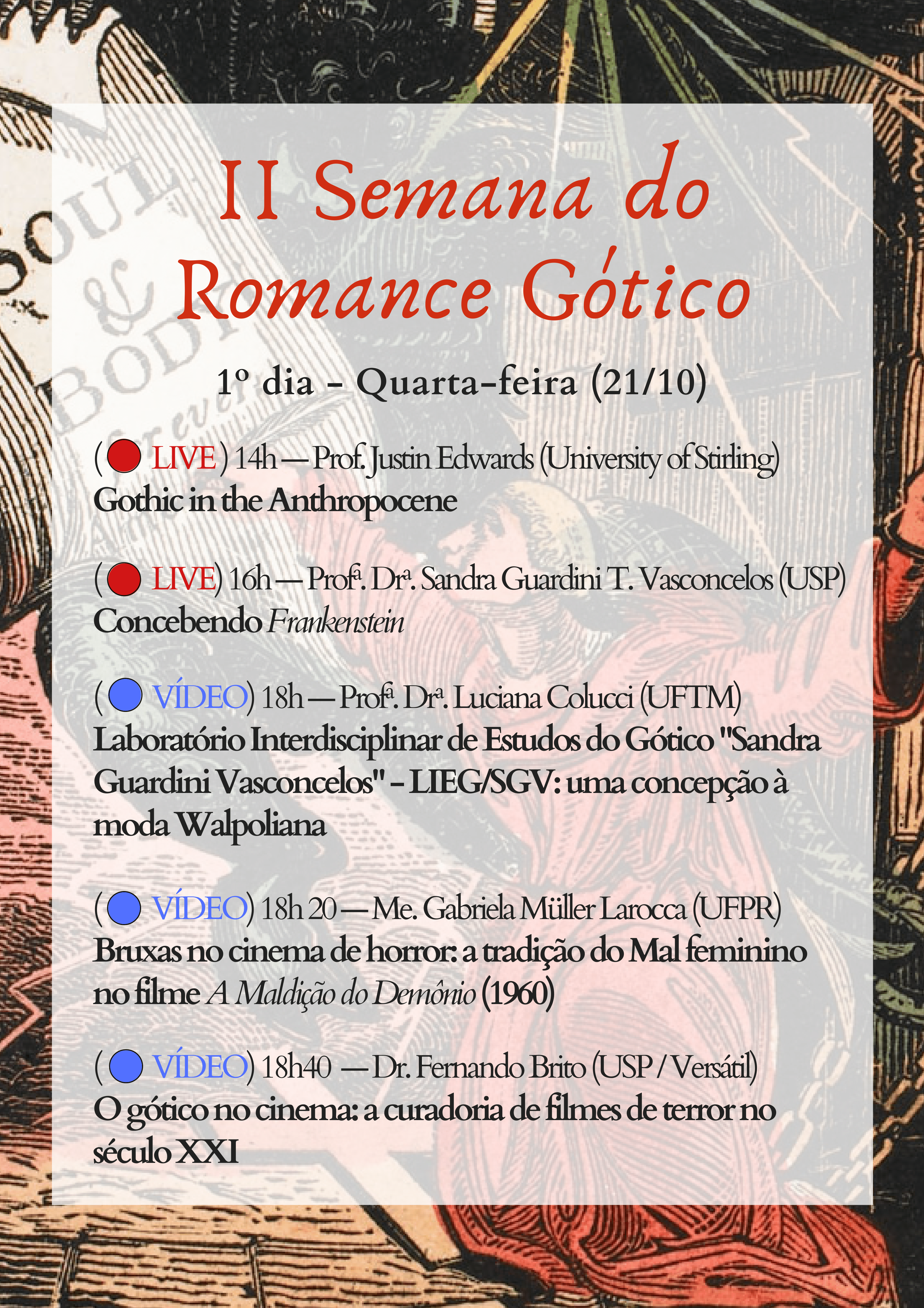 cartaz com a programação do 1º dia da ii semana do romance gótico
